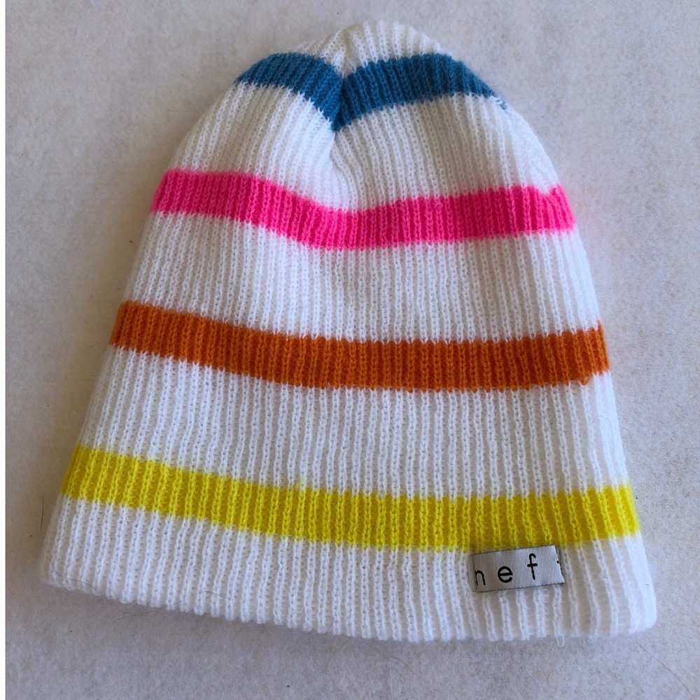 Neff Womens Striped Knit Beanie White Neon Rainbow‎ retro skater kidcore